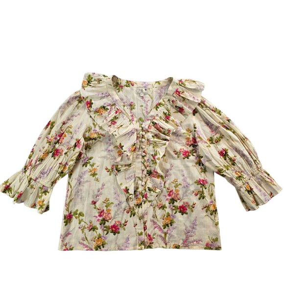 Mille‎ Resortwear Travel Hanna Floral Ruffle Button Front Top Bohemian Beach XL - Picture 2 of 11